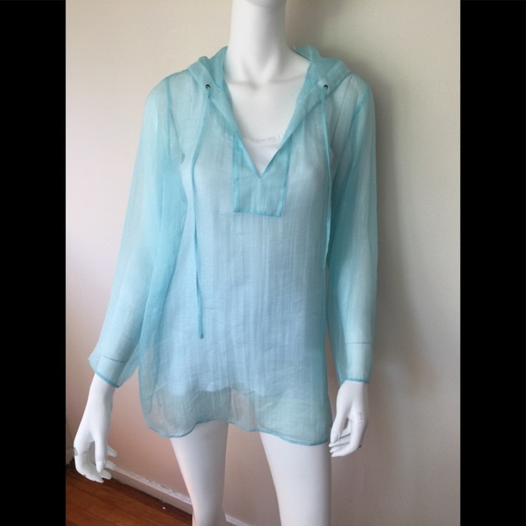 NWOT Neiman Marcus Exclusive silk turquoise hoodie - Picture 2 of 8